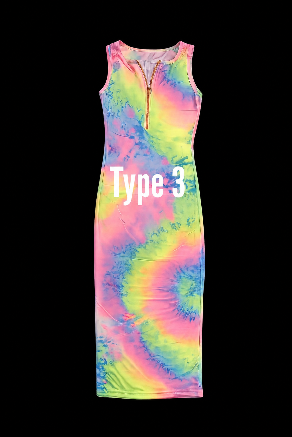 Women's Sleeveless Tie-Dye Bodycon Maxi Dress with Gold Zip Neck – Multicolor Summer Casual Dress