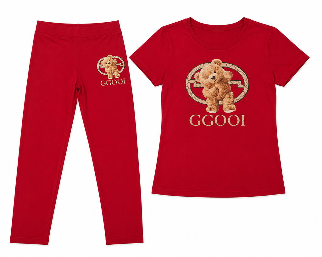 Teddy Bear Graphic 2-Piece Lounge Set – Women's Short Sleeve Tee & Leggings Set- Multiple colors available