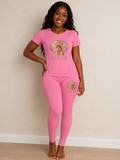 Teddy Bear Graphic 2-Piece Lounge Set – Women's Short Sleeve Tee & Leggings Set- Multiple colors available