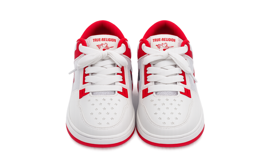 True Religion White & Red Low Top Sneakers – Men's Casual Lace-Up Fashion Shoes