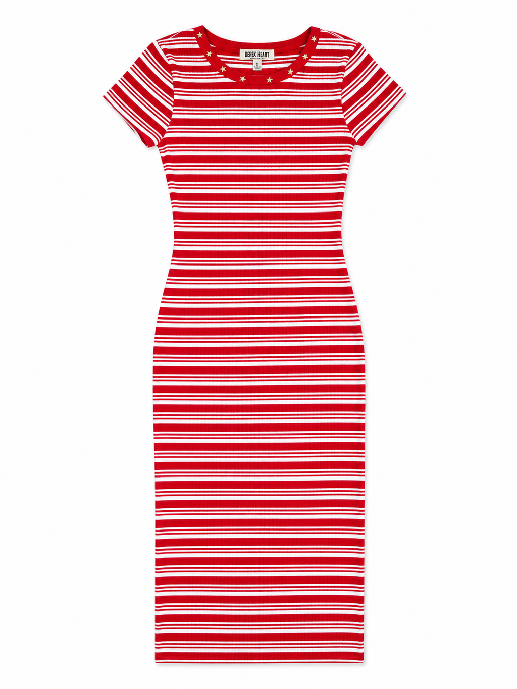 Derek Heart Women's Red & White Striped Ribbed Midi Dress with Star Stud Collar