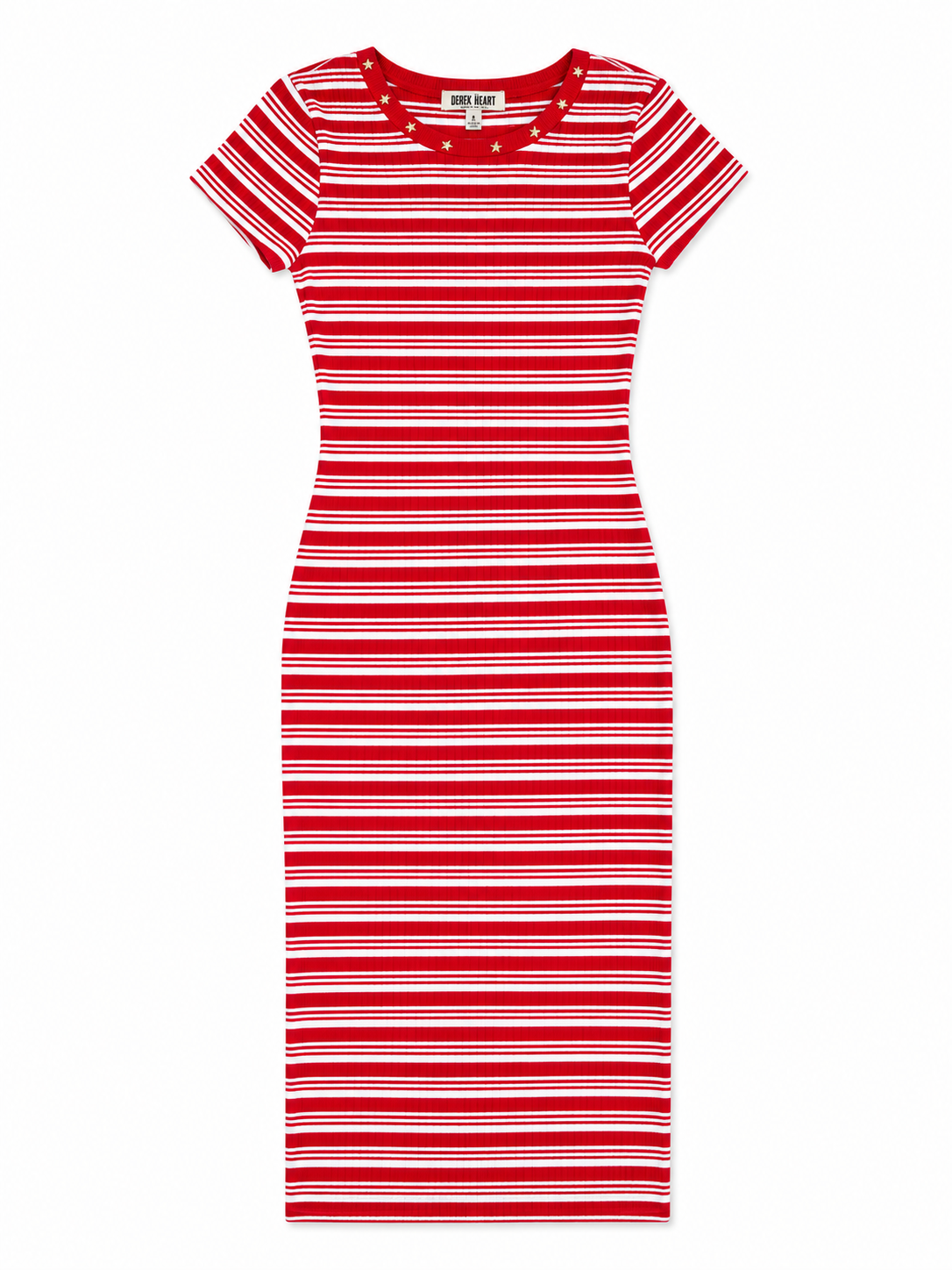 Derek Heart Women's Red & White Striped Ribbed Midi Dress with Star Stud Collar