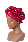 Luxury Rhinestone Embellished Pleated Turban Headwrap for Women – Stretch African Head Wrap Cap (Burgundy)