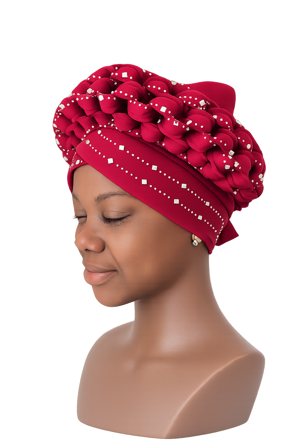 Luxury Rhinestone Embellished Pleated Turban Headwrap for Women – Stretch African Head Wrap Cap (Burgundy)