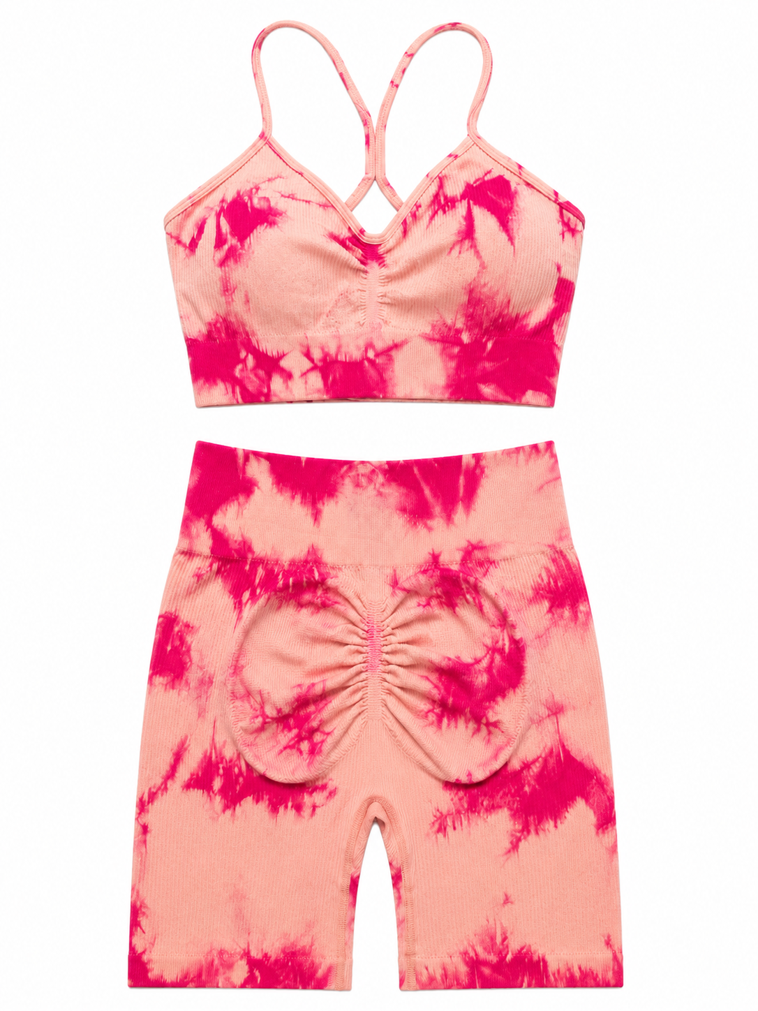Blush Tie-Dye Scrunch Biker Shorts Set – Women's Seamless Activewear Two-Piece