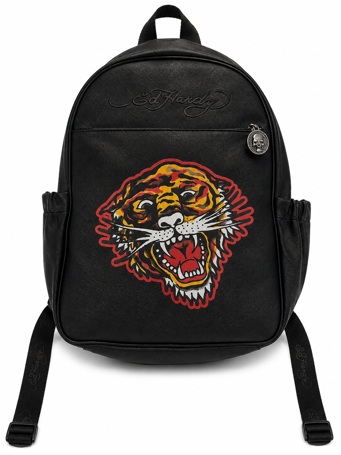 Ed Hardy Roaring Tiger Graphic Backpack – Black Faux Leather Tattoo Art School & Travel Bag