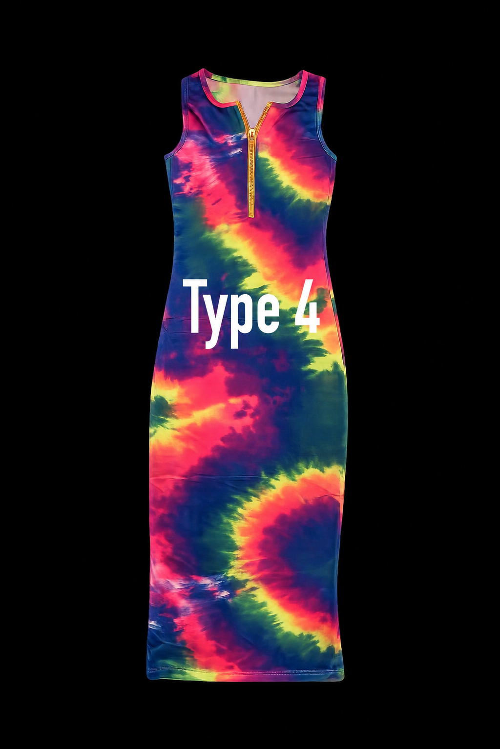 Women's Sleeveless Tie-Dye Bodycon Maxi Dress with Gold Zip Neck – Multicolor Summer Casual Dress