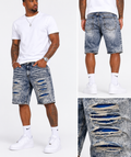 Men's Acid Wash Distressed Denim Shorts with Blue Contrast Rip Detail