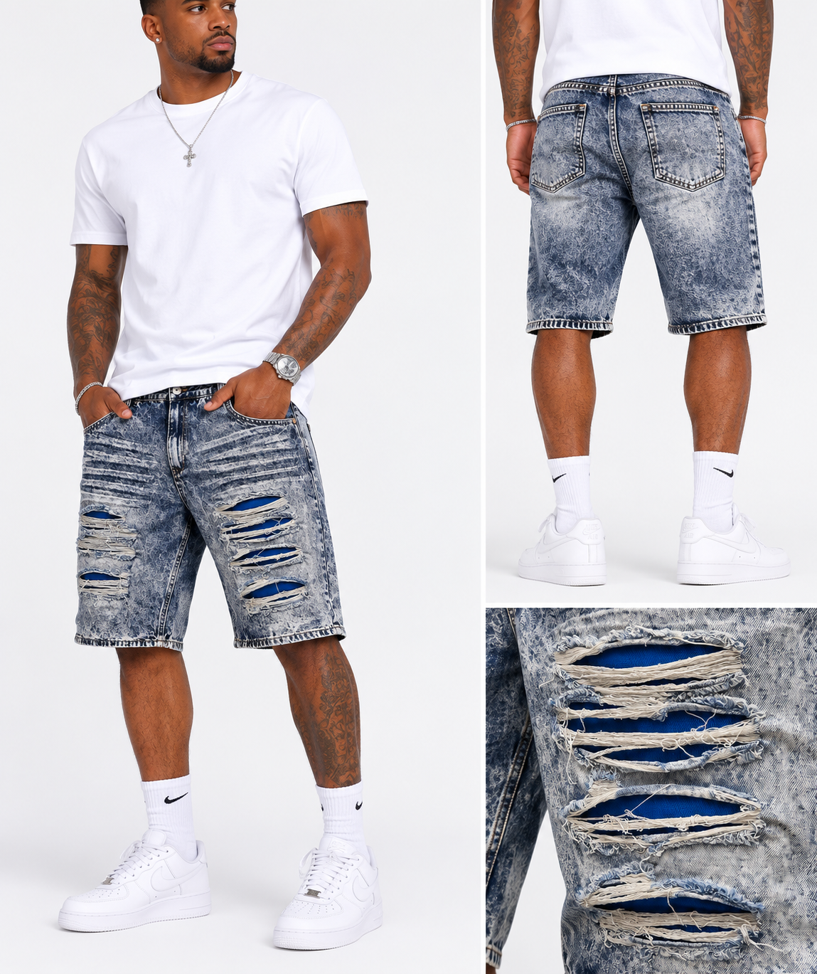Men's Acid Wash Distressed Denim Shorts with Blue Contrast Rip Detail