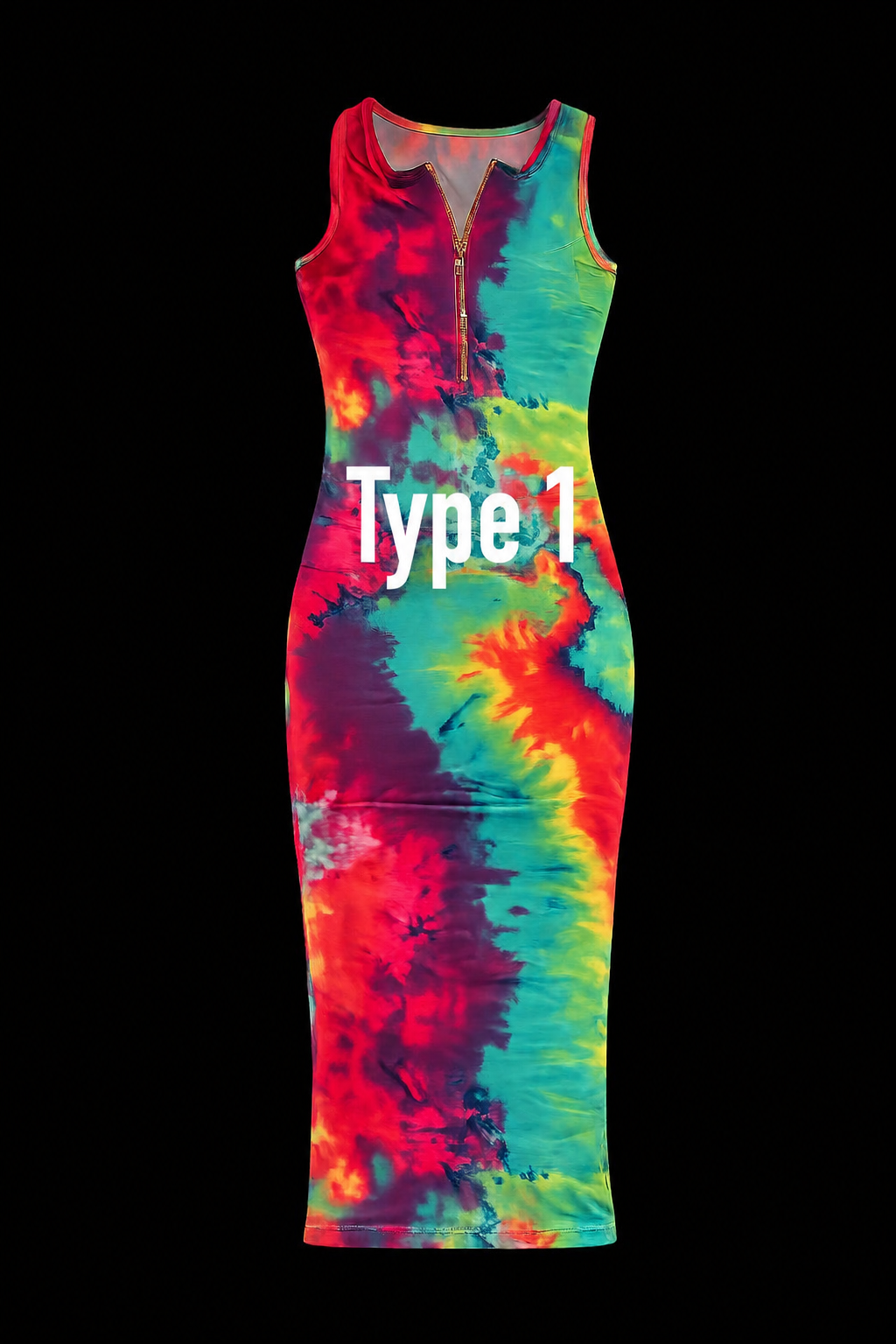 Women's Sleeveless Tie-Dye Bodycon Maxi Dress with Gold Zip Neck – Multicolor Summer Casual Dress