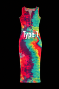 Women's Sleeveless Tie-Dye Bodycon Maxi Dress with Gold Zip Neck – Multicolor Summer Casual Dress