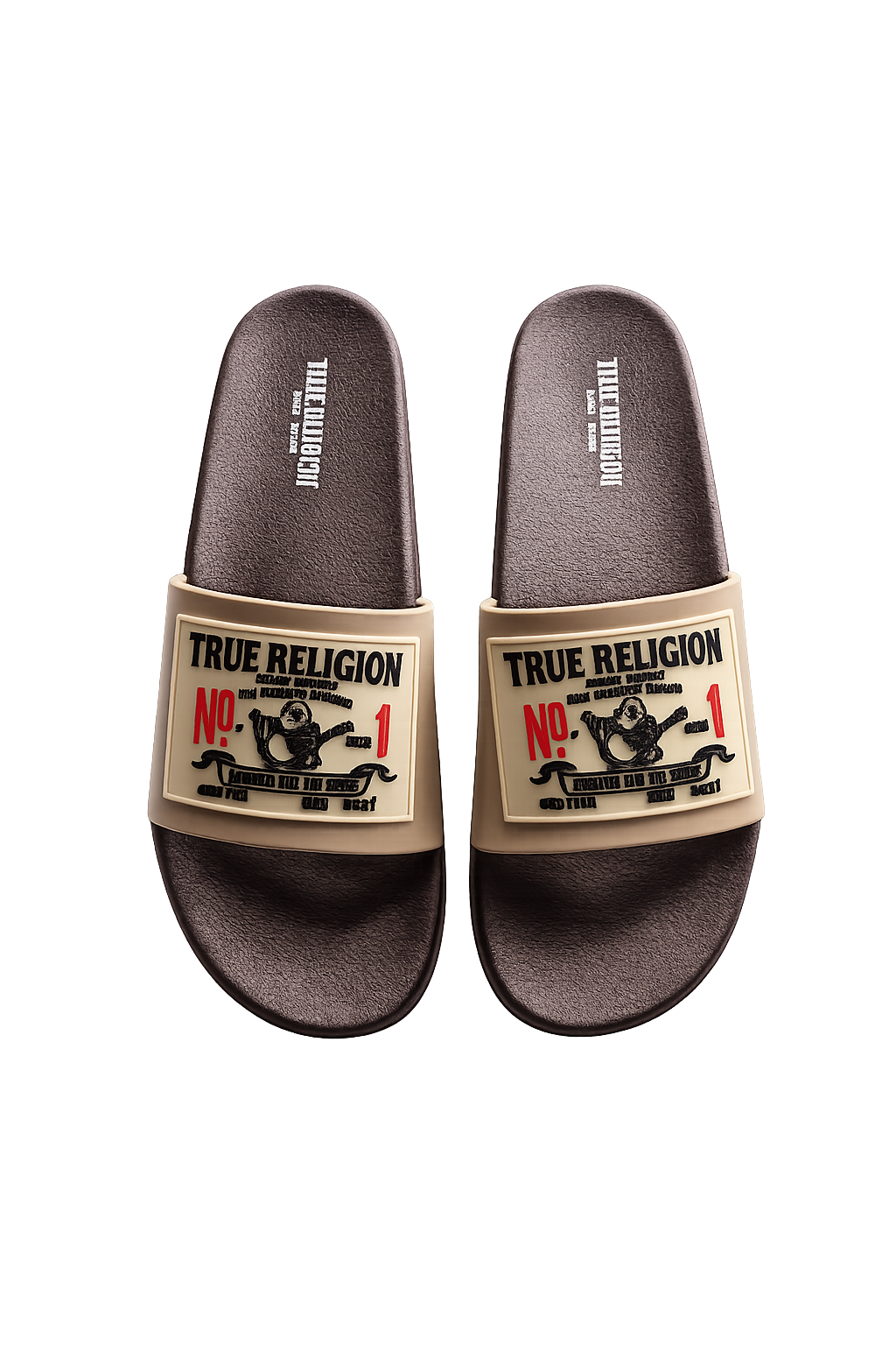 True Religion Vintage Logo Slide Sandals Beige Brown Comfortable Slip-On Slides