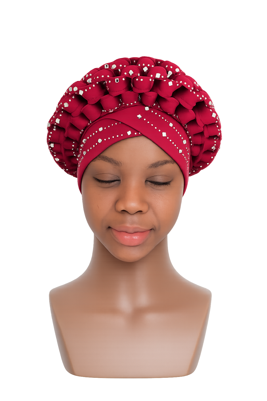 Luxury Rhinestone Embellished Pleated Turban Headwrap for Women – Stretch African Head Wrap Cap (Burgundy)