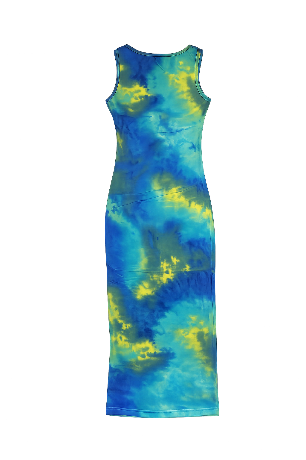 Women's Sleeveless Tie-Dye Bodycon Maxi Dress with Gold Zip Neck – Multicolor Summer Casual Dress