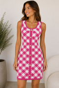 Women's Gingham Knit Bodycon Dress – Sleeveless Button Front Mini Dress- Multiple colors available