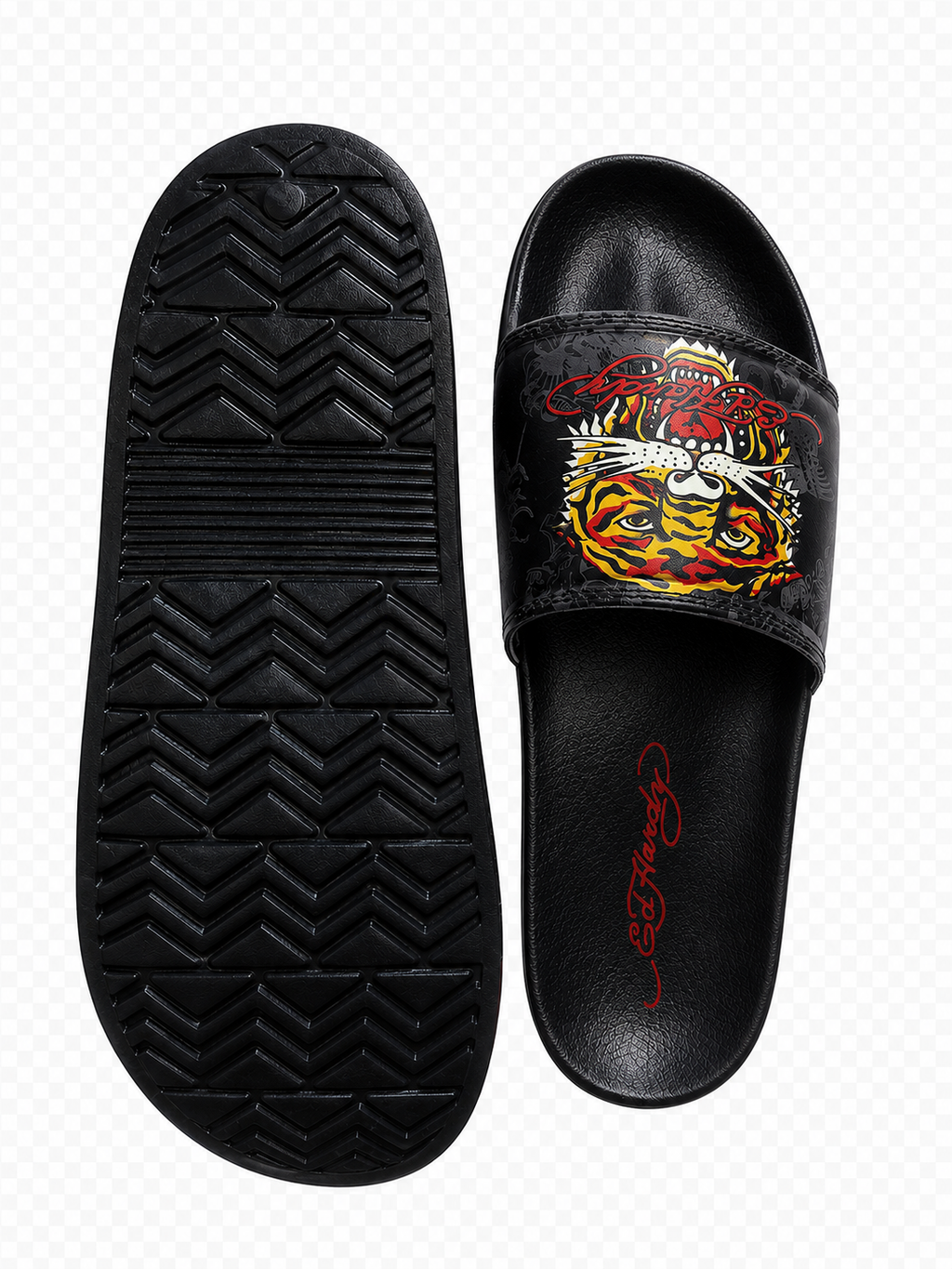Ed Hardy Tiger Graphic Slide Sandals – Black Red Yellow Comfort Slides