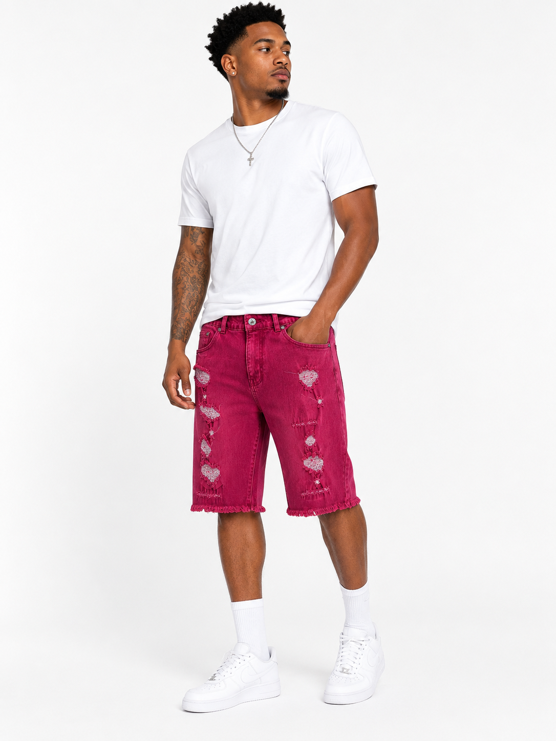 Men's Distressed Frayed Hem Denim Shorts – Vintage Wash Ripped Jean Shorts – Burgundy