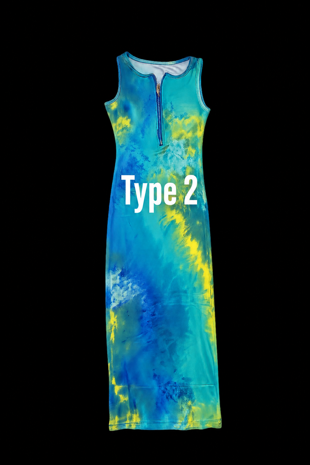 Women's Sleeveless Tie-Dye Bodycon Maxi Dress with Gold Zip Neck – Multicolor Summer Casual Dress