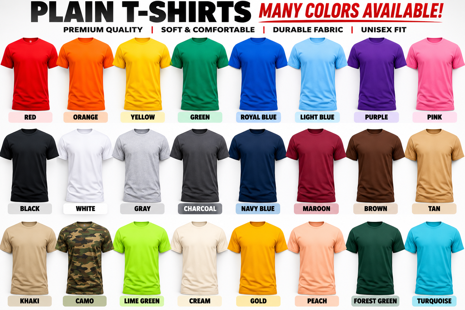 Premium Plain Crew Neck T-Shirt – Unisex Soft Cotton Tee | Multiple Colors Available