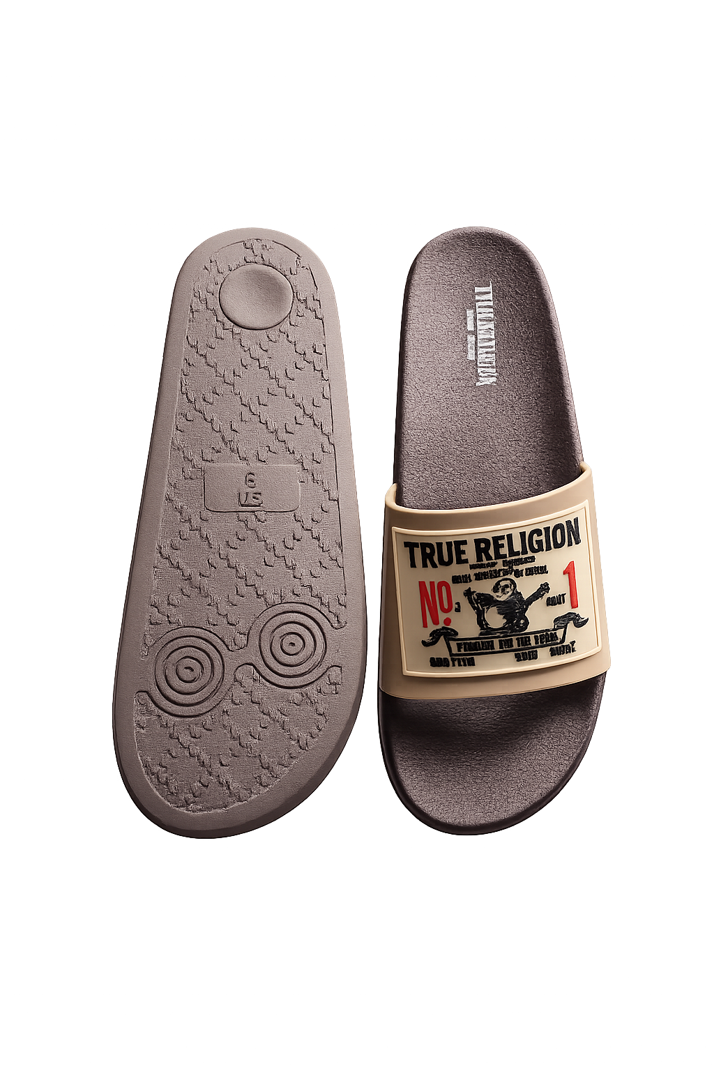 True Religion Vintage Logo Slide Sandals Beige Brown Comfortable Slip-On Slides