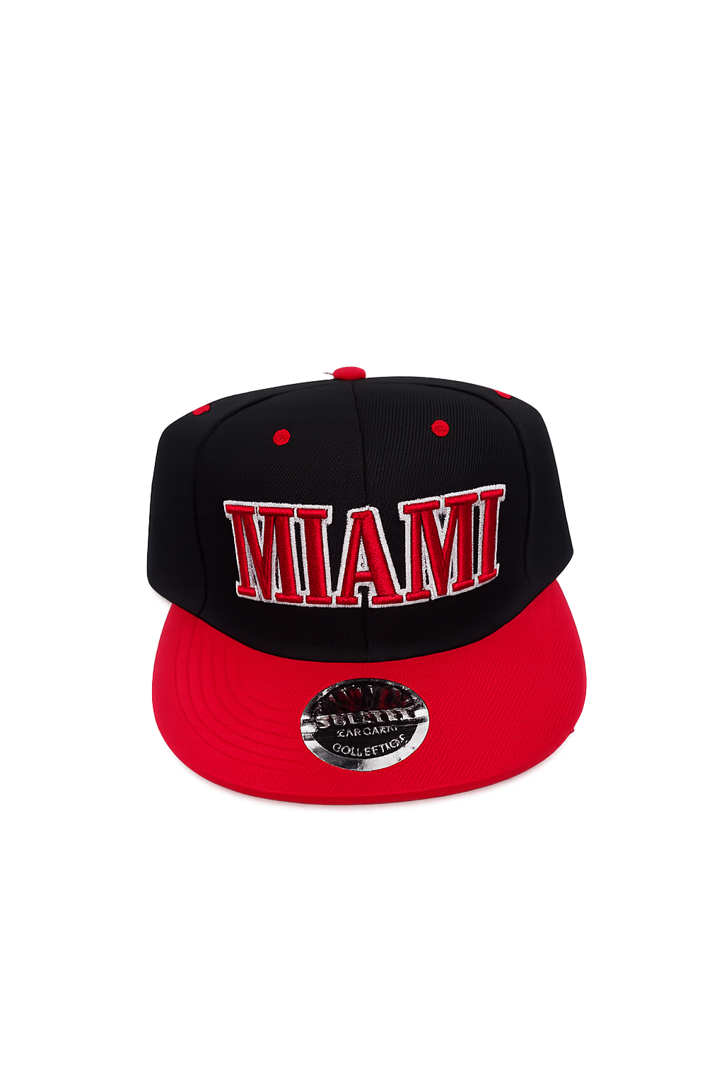 Miami Embroidered Snapback Hat – Black & Red Flat Bill Adjustable Cap