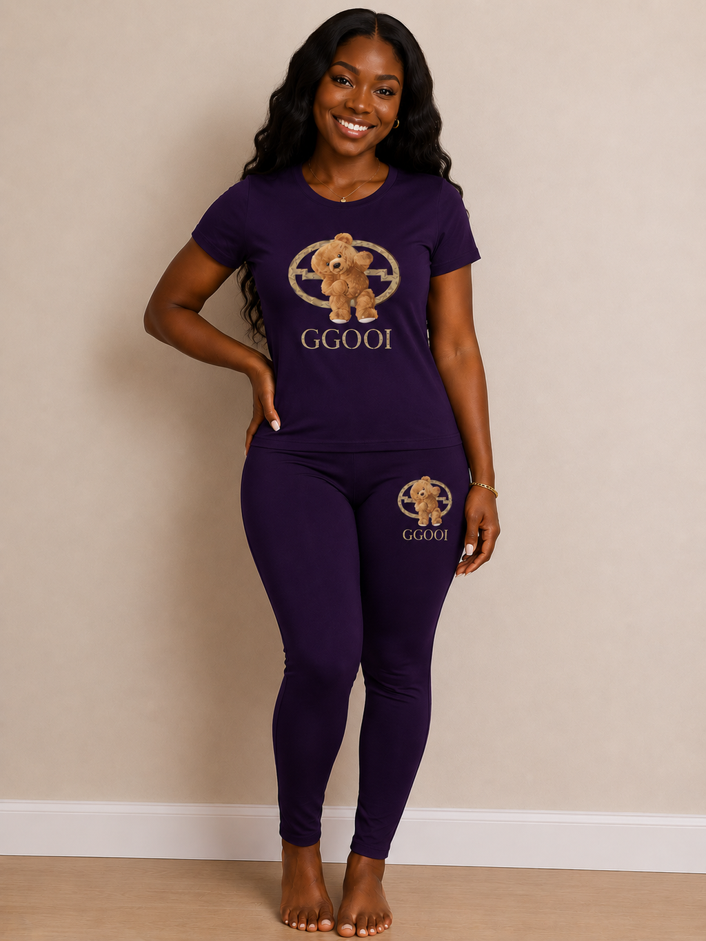 Teddy Bear Graphic 2-Piece Lounge Set – Women's Short Sleeve Tee & Leggings Set- Multiple colors available