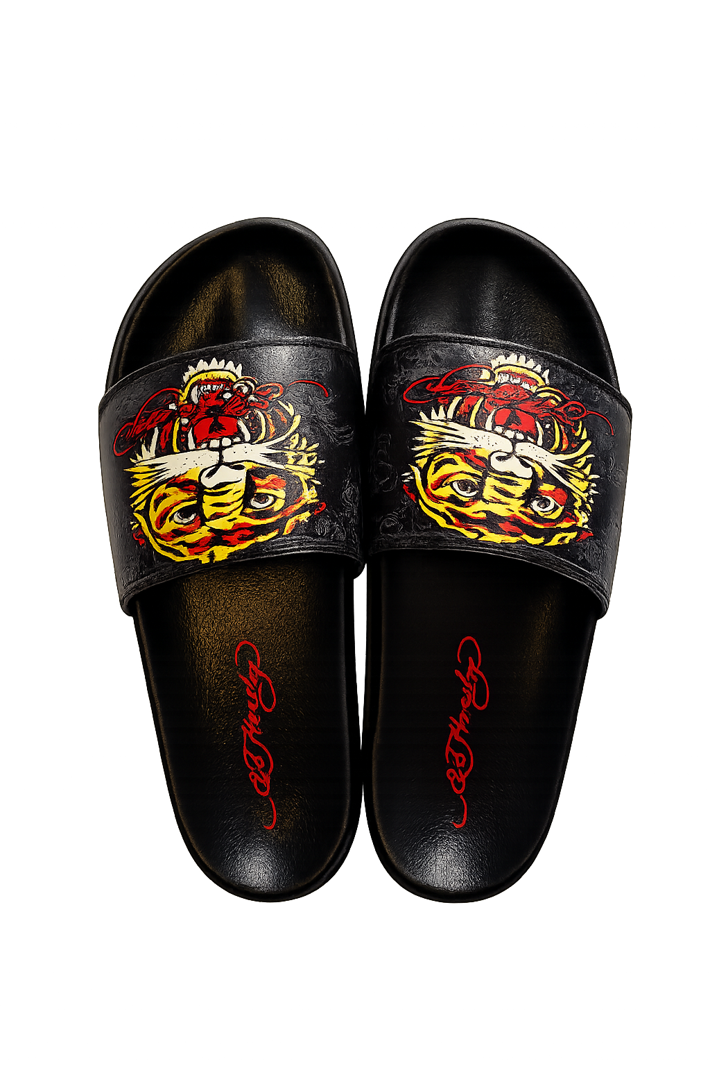 Ed Hardy Tiger Graphic Slide Sandals – Black Red Yellow Comfort Slides