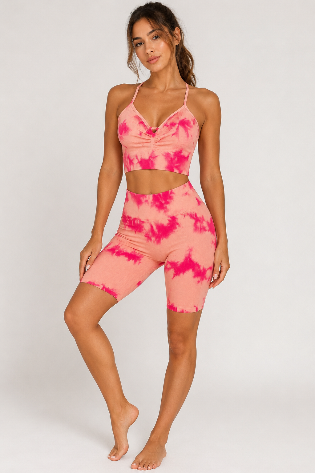 Blush Tie-Dye Scrunch Biker Shorts Set – Women's Seamless Activewear Two-Piece