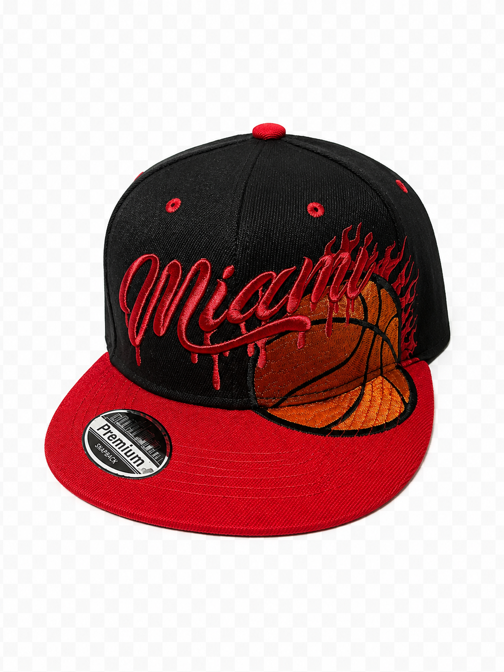 Miami Flaming Basketball Snapback Hat – Black & Red Embroidered Flat Bill Cap