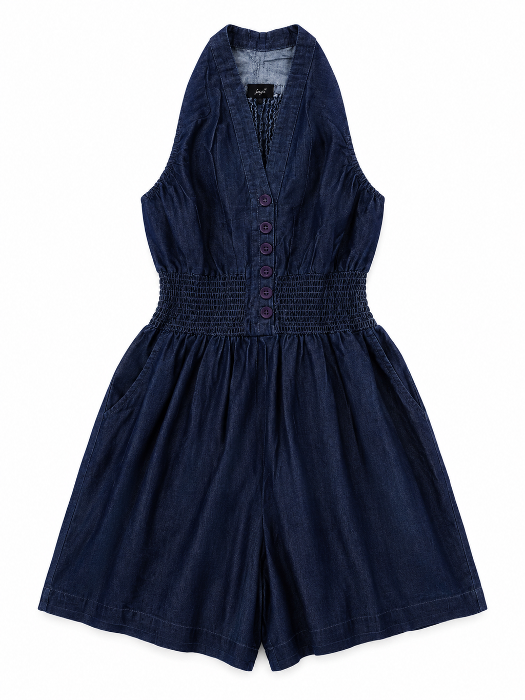 Women's Dark Wash Denim Halter Romper – Smocked Waist Wide Leg One-Piece