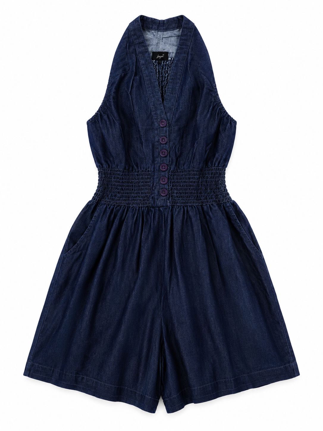 Women's Dark Wash Denim Halter Romper – Smocked Waist Wide Leg One-Piece