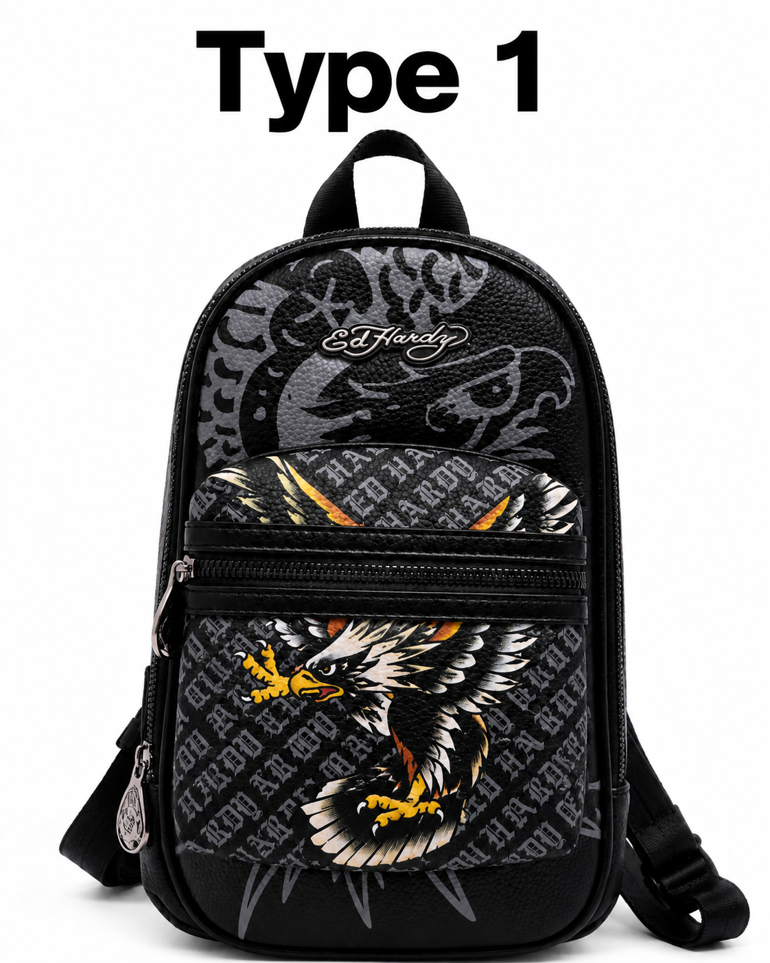 Ed Hardy Eagle & Skull Graphic Sling Backpack – Black Tattoo Art Crossbody Bag