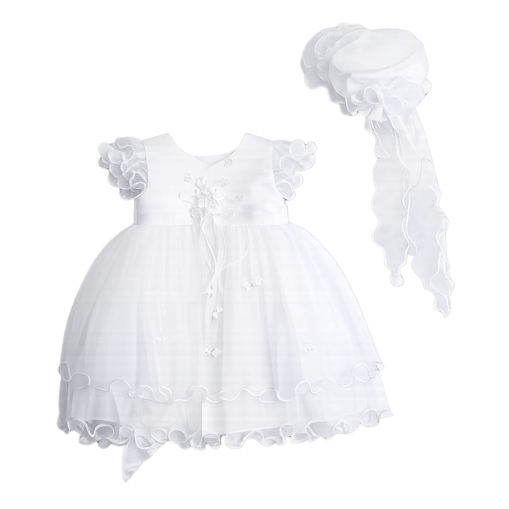 White baby dress with ruffled details and matching headband on a white background