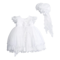 White baby dress with ruffled details and matching headband on a white background