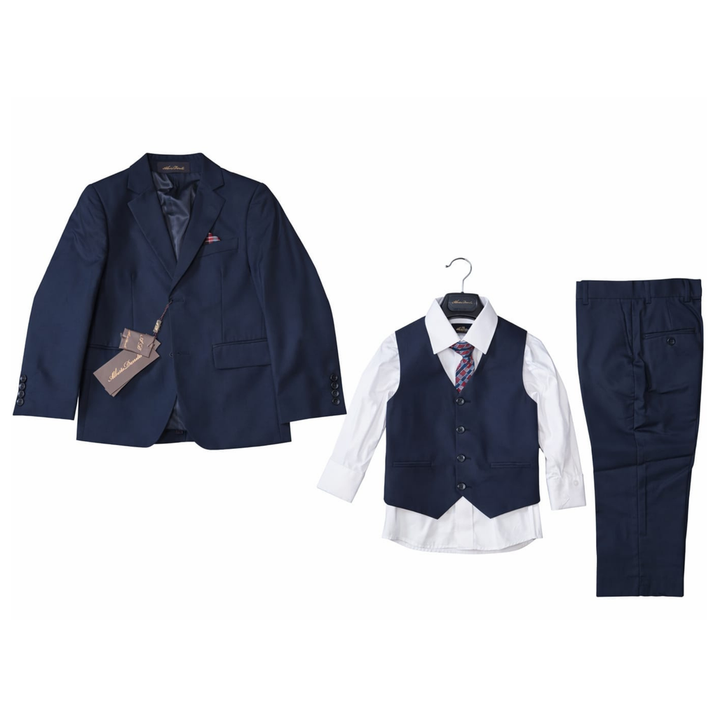 Navy blue suit with jacket, vest, shirt, and pants on a white background