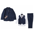 Navy blue suit with jacket, vest, shirt, and pants on a white background