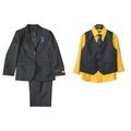 Gray suit jacket and pants with a yellow shirt and vest on a white background